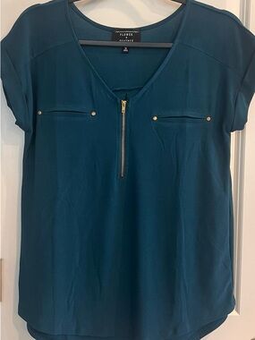 Teal Short-Sleeve Zip-Front Blouse